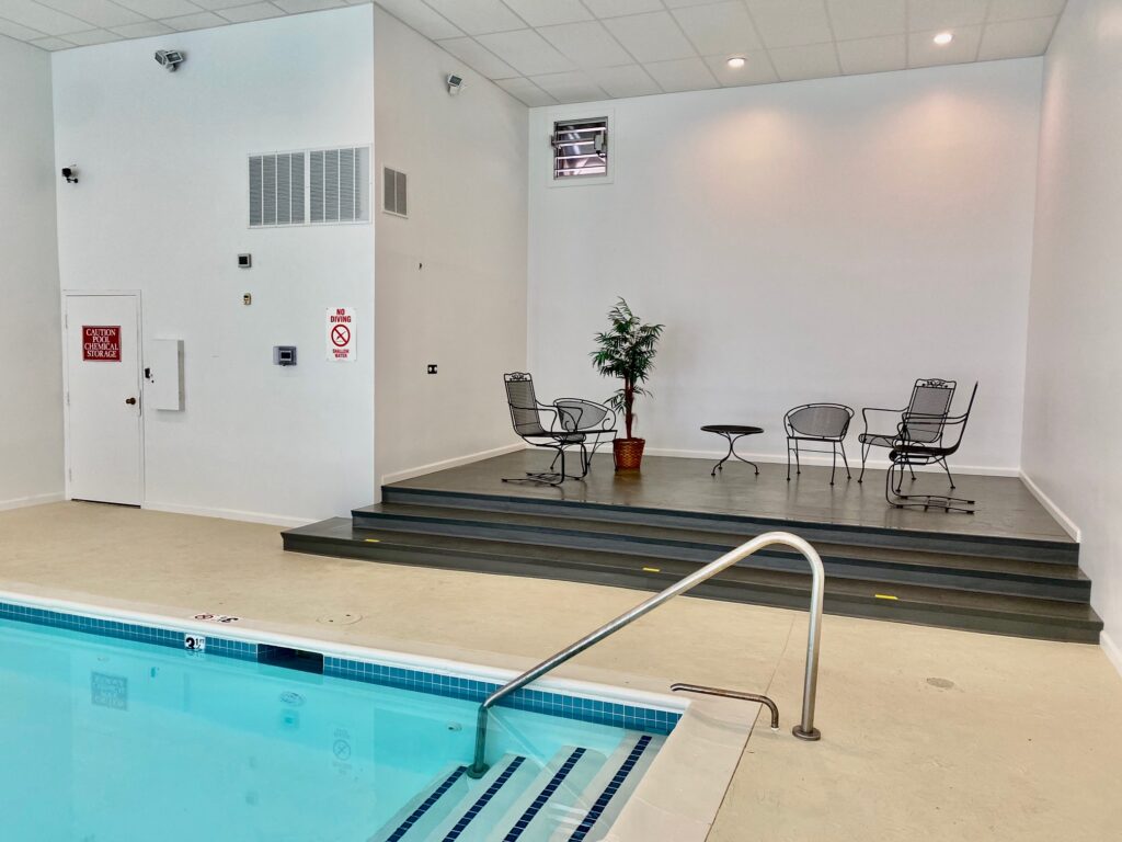 Corner of Renovated Indoor Pool and Lounge Area